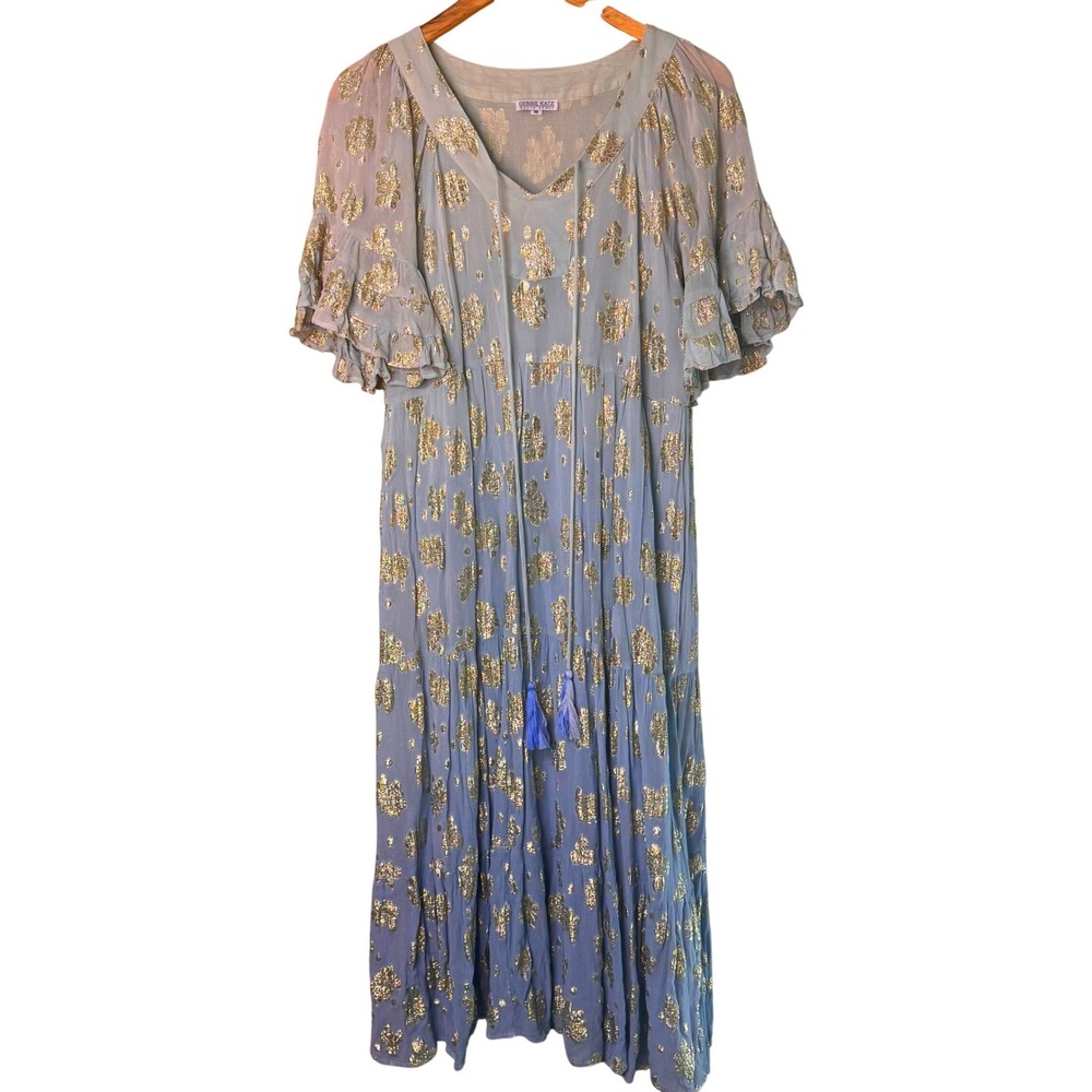Debbie Katz South Beach Blue Gold Metallic Floral Maxi Dress Boho Tassel Medium